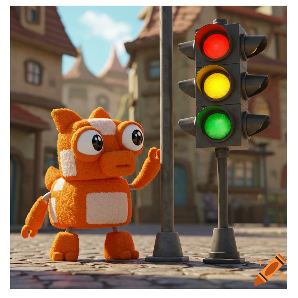 An orange, fuzzy cartoon character with big eyes stands next to a traffic light showing red, yellow, and green in a quaint town.