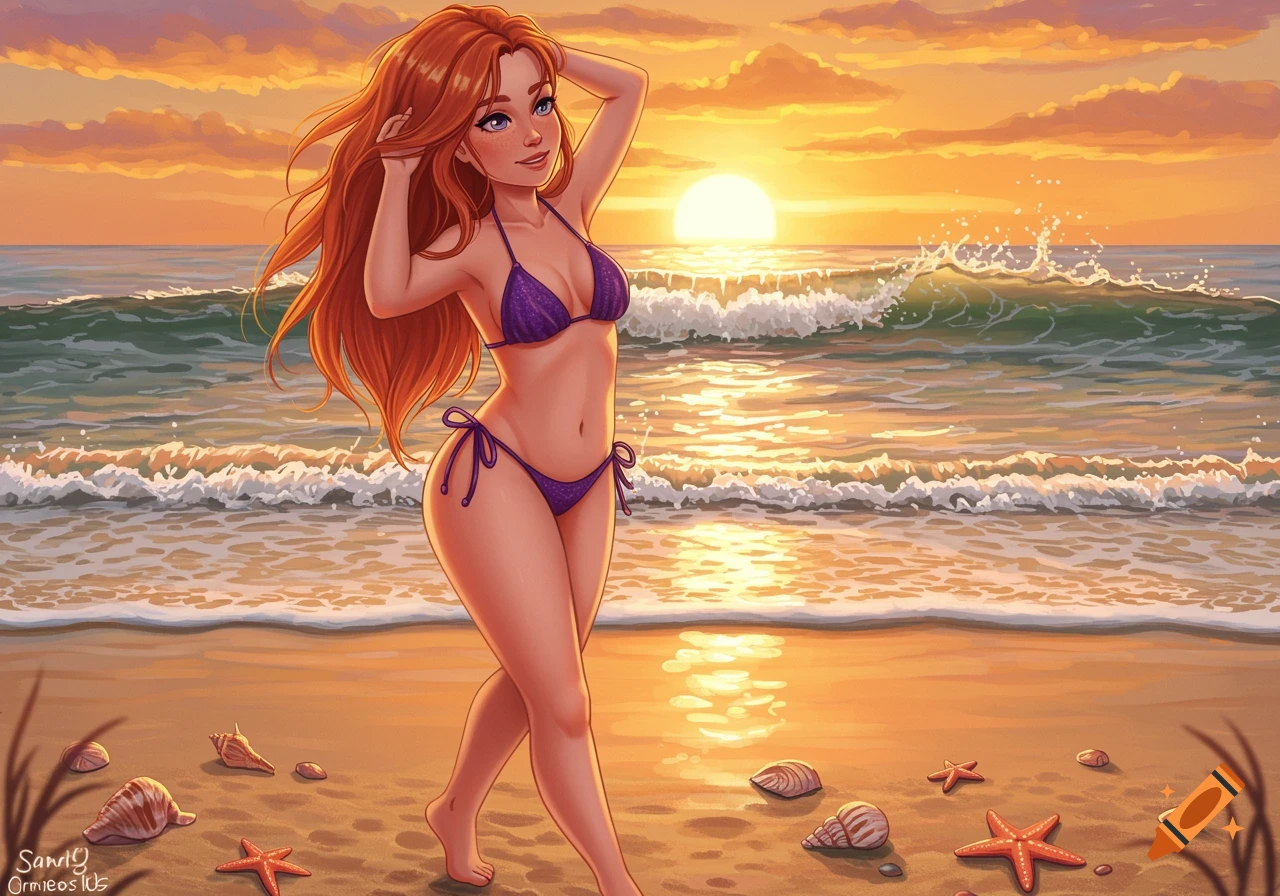 Stylized anime woman with red hair in a purple bikini walking on a beach at sunset.