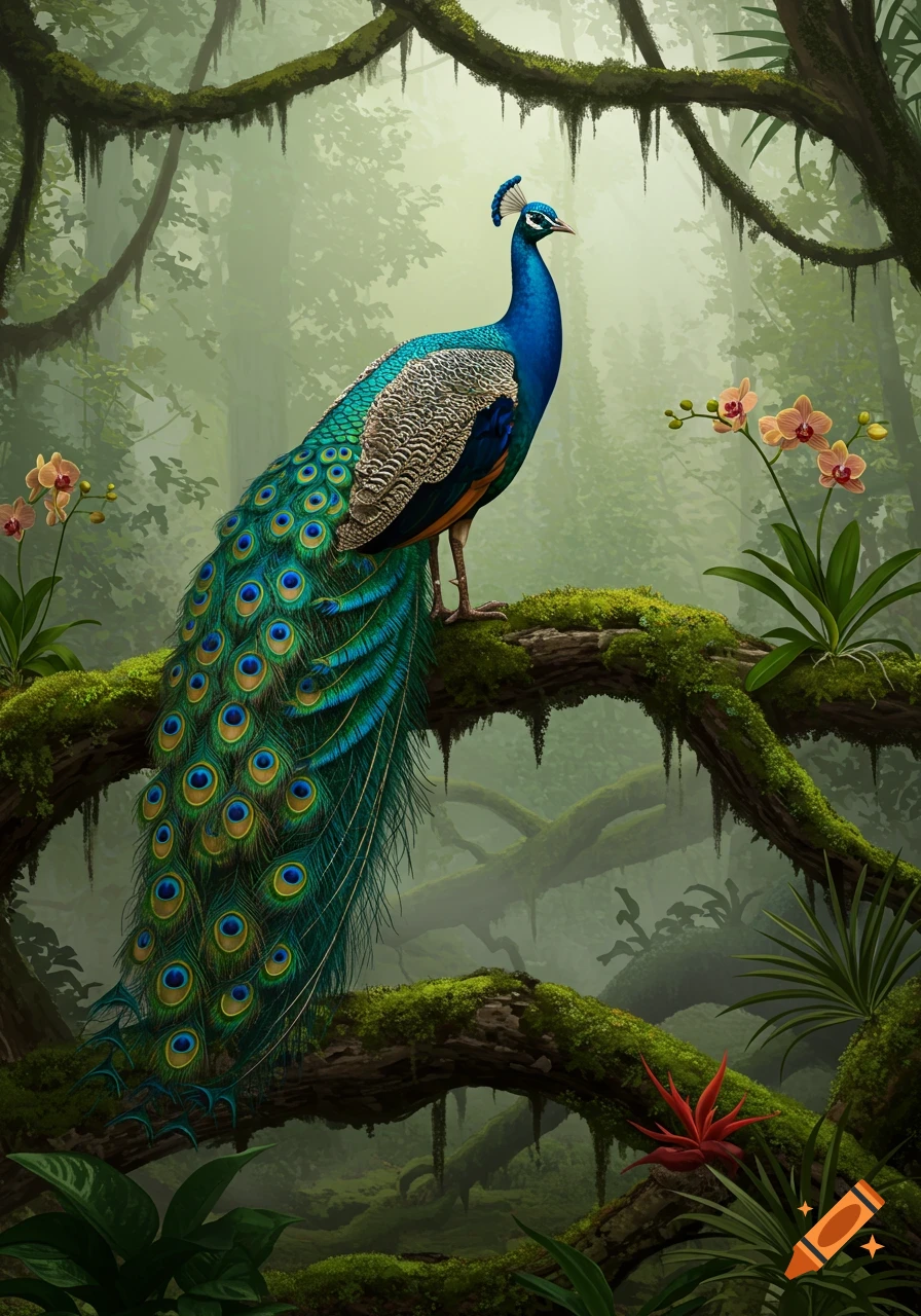 A vibrant blue and green peacock with a long, iridescent tail perches on a moss-covered branch in a misty, lush jungle with orchids.