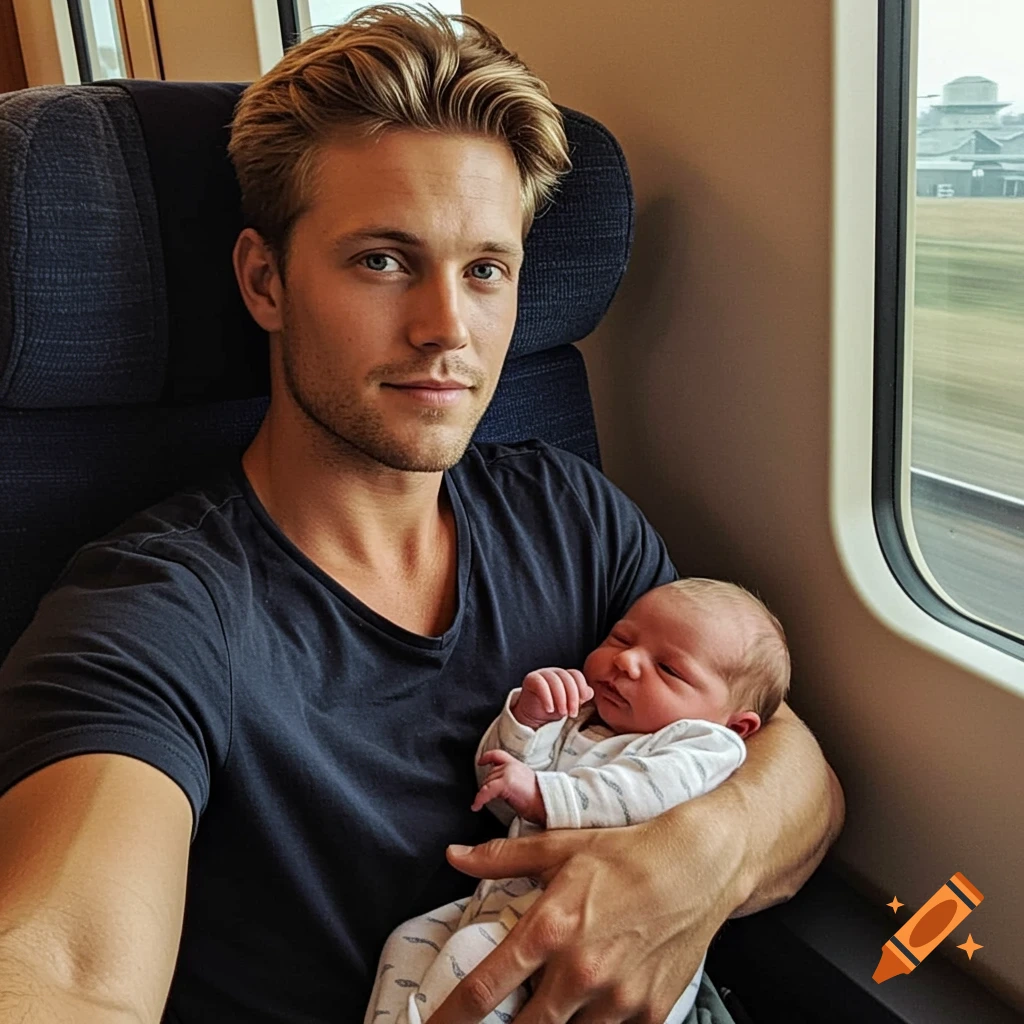 A handsome young man with blonde hair and blue eyes takes a selfie while holding a newborn baby on a train.