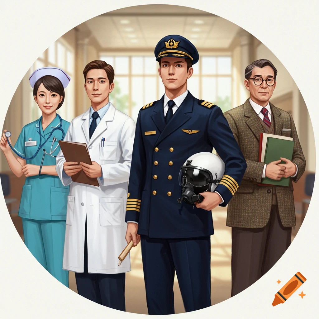An illustration of a nurse, doctor, pilot, and professor standing together in a bright hallway.