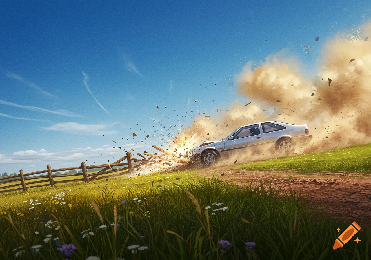 A silver car crashes into a wooden fence on a grassy hill, generating a burst of debris and dust under a clear blue sky.