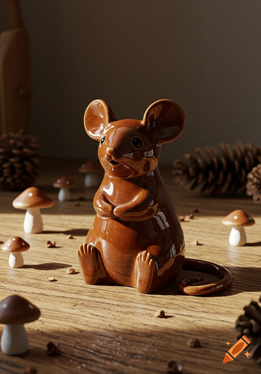 A glossy brown ceramic mouse figurine sits on a wooden table, surrounded by small ceramic mushrooms and pinecones.