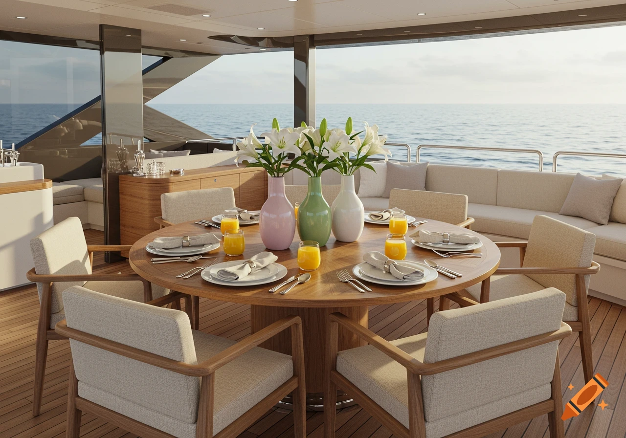 Photorealistic image of a round dining table set for breakfast on a super yacht deck with white lilies and pastel vases.