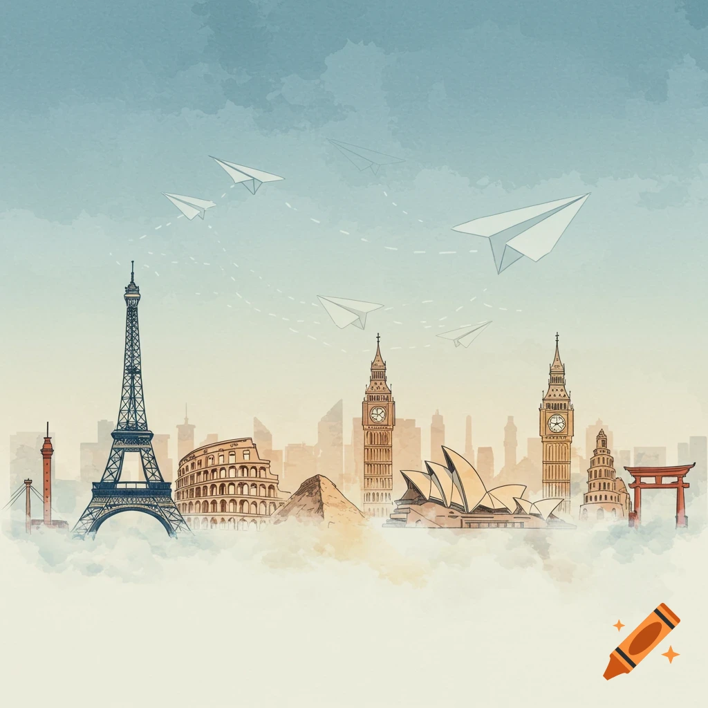 Watercolor illustration of global landmarks including Eiffel Tower, Colosseum, Big Ben, Sydney Opera House, and more, with paper airplanes in the sky.