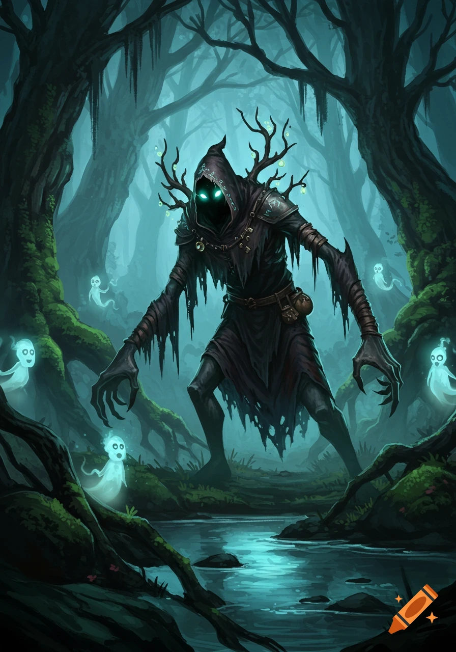A dark, hooded, ghoulish figure with glowing eyes and tree branch antlers stands in a misty, moonlit swamp with small, white ghosts floating around.