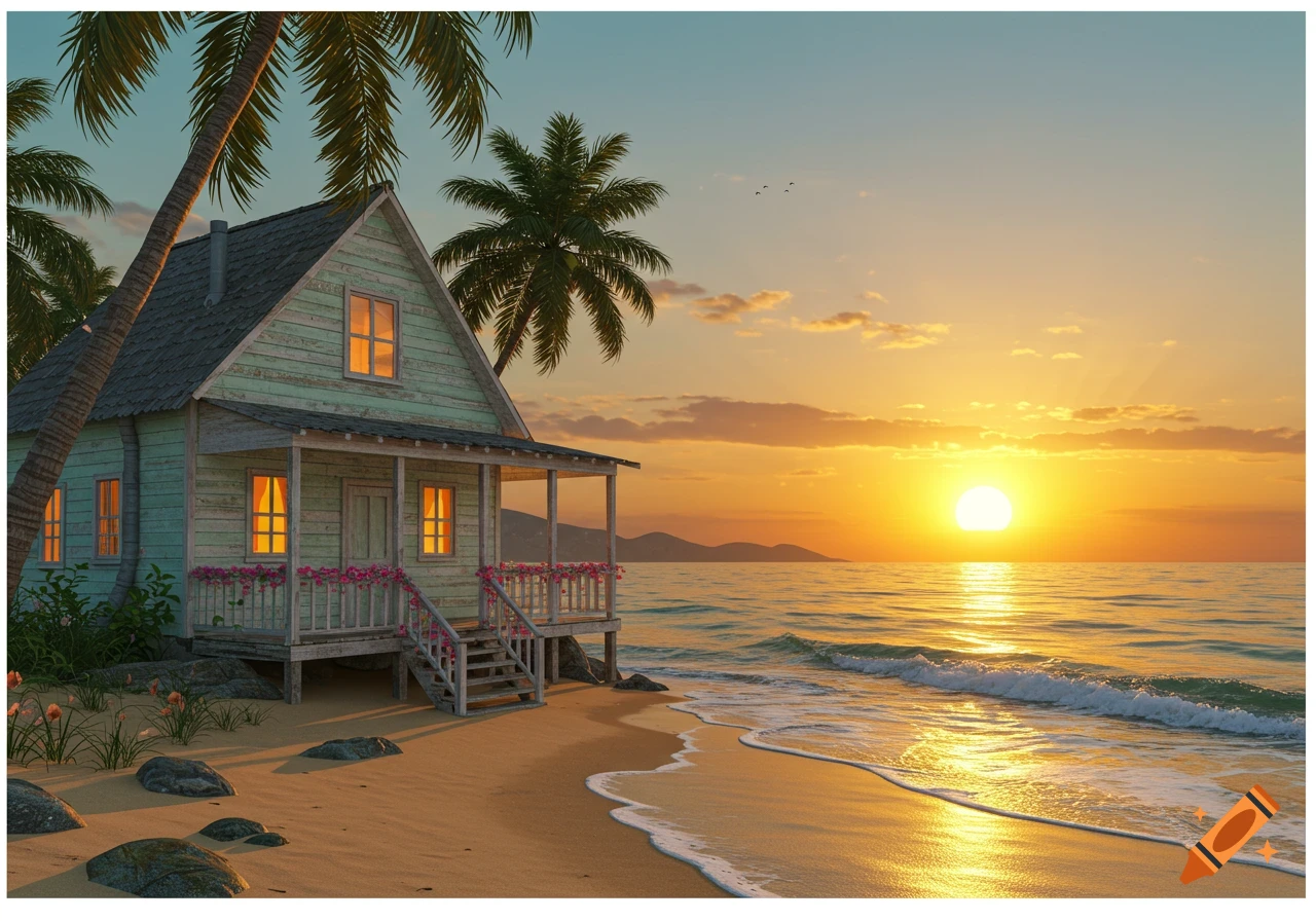 A photorealistic beach house on a sandy shore with palm trees, illuminated by the warm glow of a sunset over the ocean.