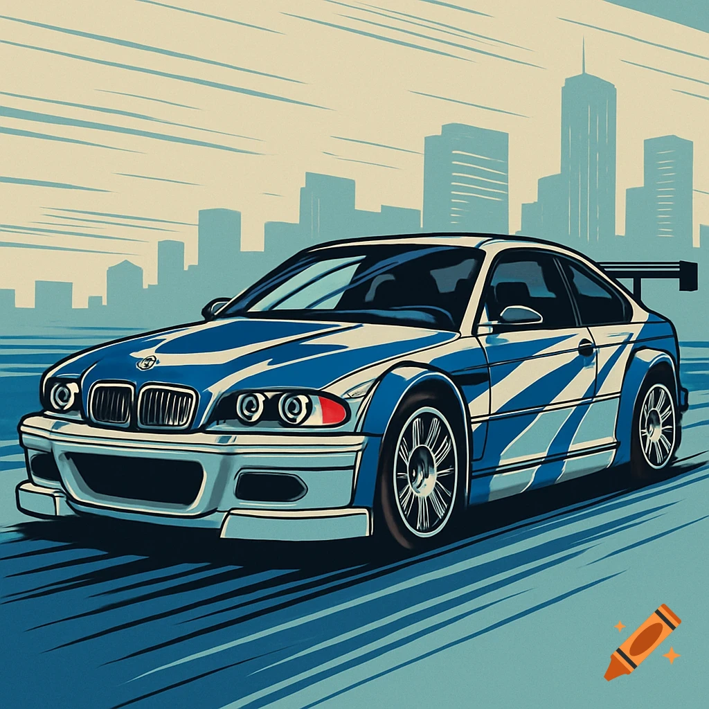 A blue and white comic-style BMW M3 GTR racing car with a spoiler, driving through a city with tall buildings in the background.