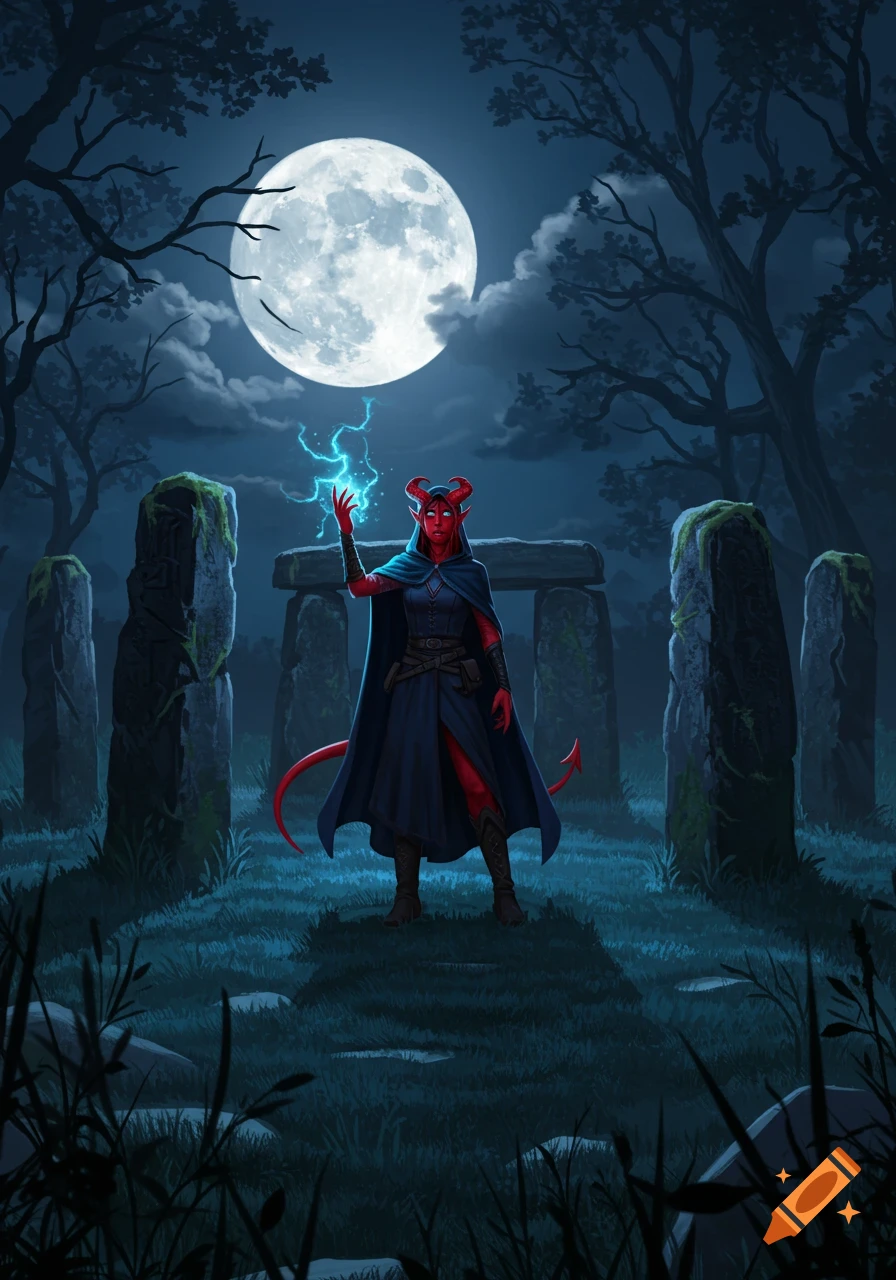 A red tiefling sorcerer stands in a moonlit henge at night, casting blue lightning magic.