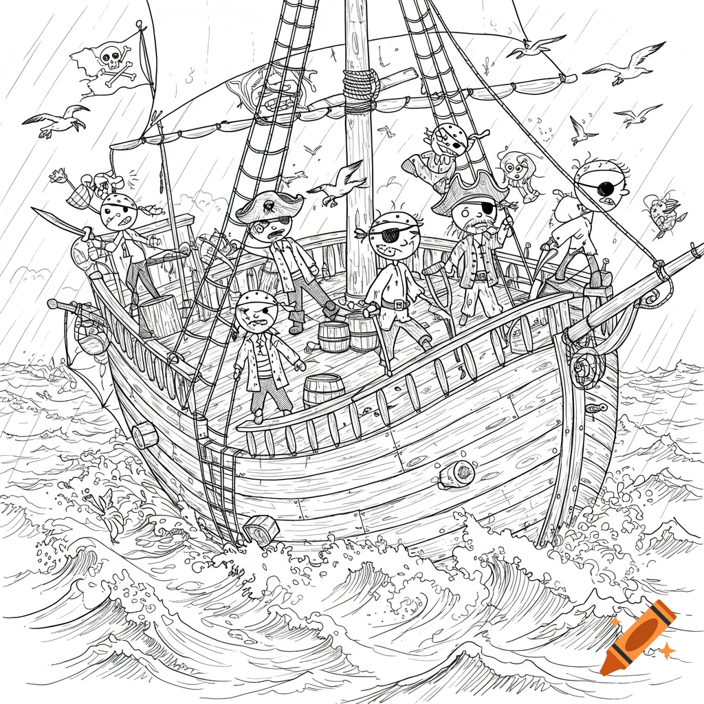 Black and white cartoon drawing of pirates on a ship in a storm with eye patches and peg legs.
