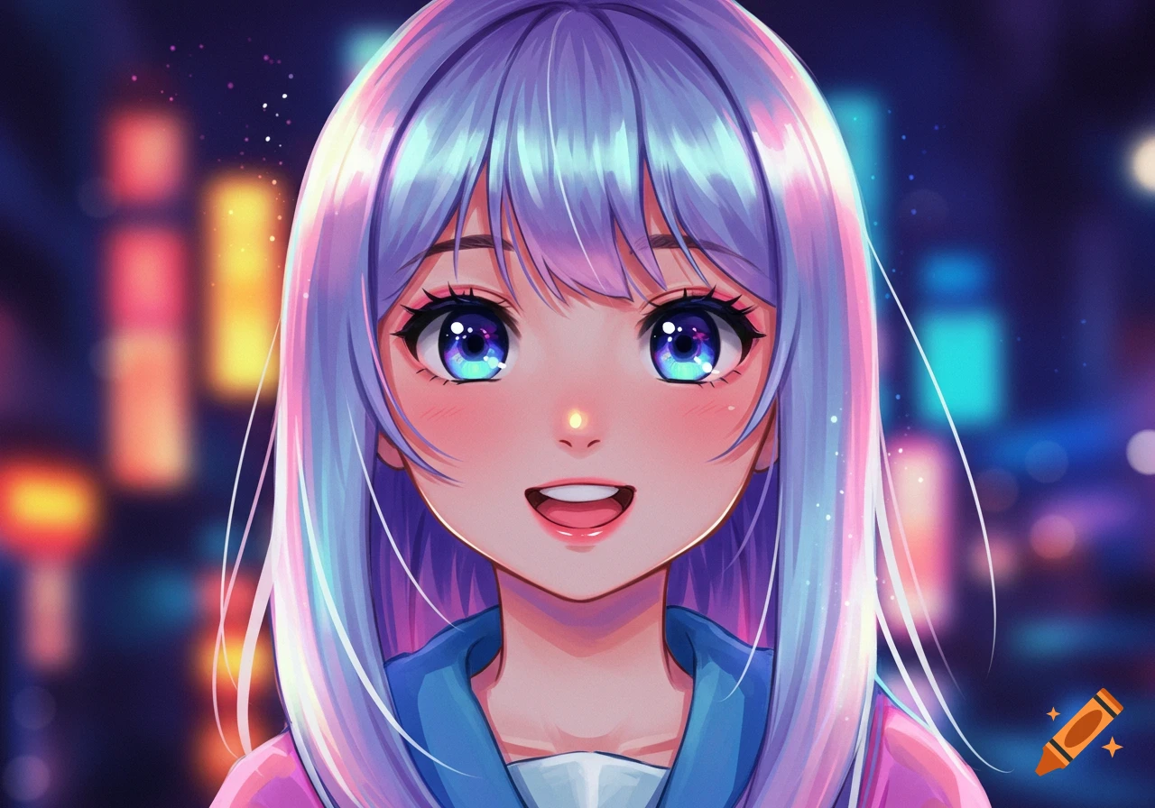 Close-up anime portrait of a smiling girl with vibrant purple-blue hair and sparkling blue eyes, against a blurred neon city background.