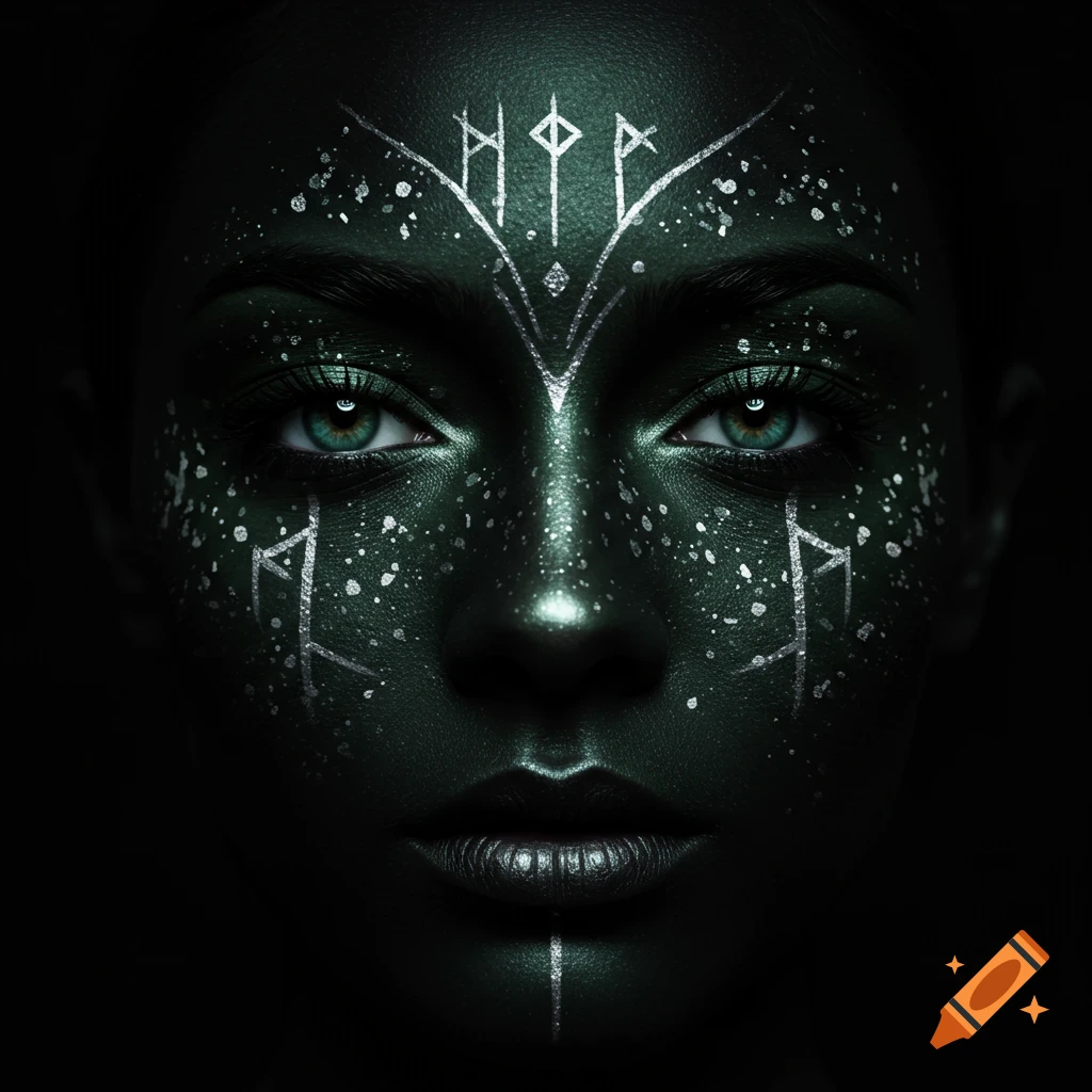 Close-up of a face with dark green skin or makeup, bright blue-green eyes, silver freckles, and silver runic symbols on the forehead and cheekbones.