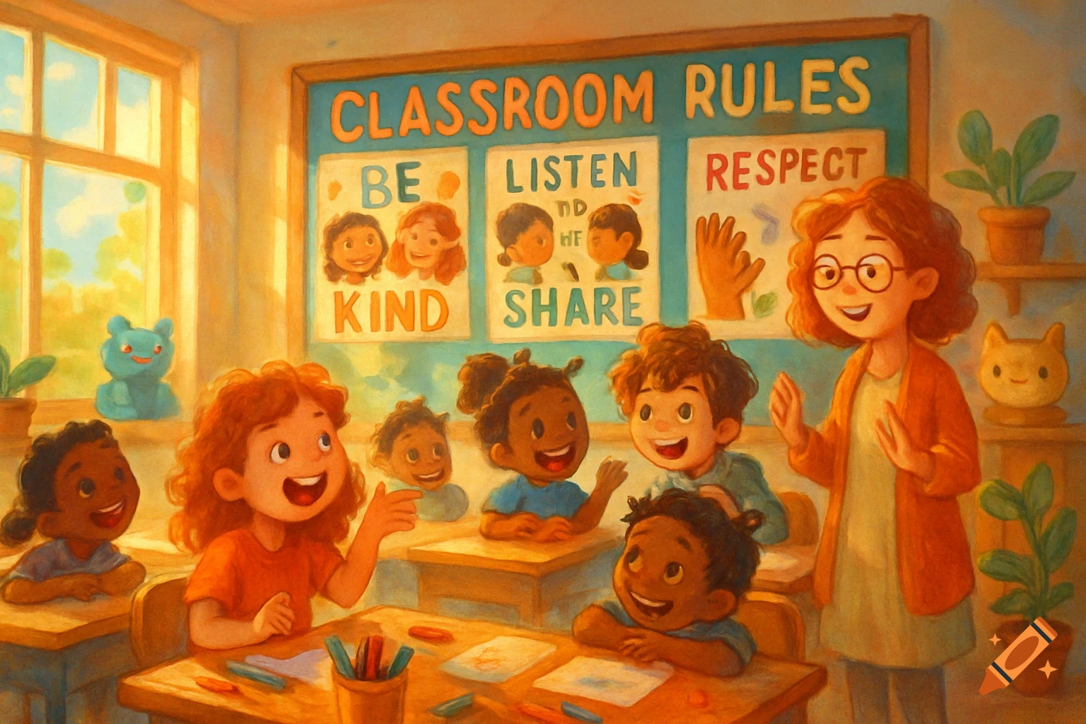 Diverse children and a teacher in a bright, warm classroom with 'CLASSROOM RULES' on a board, in a painterly style.