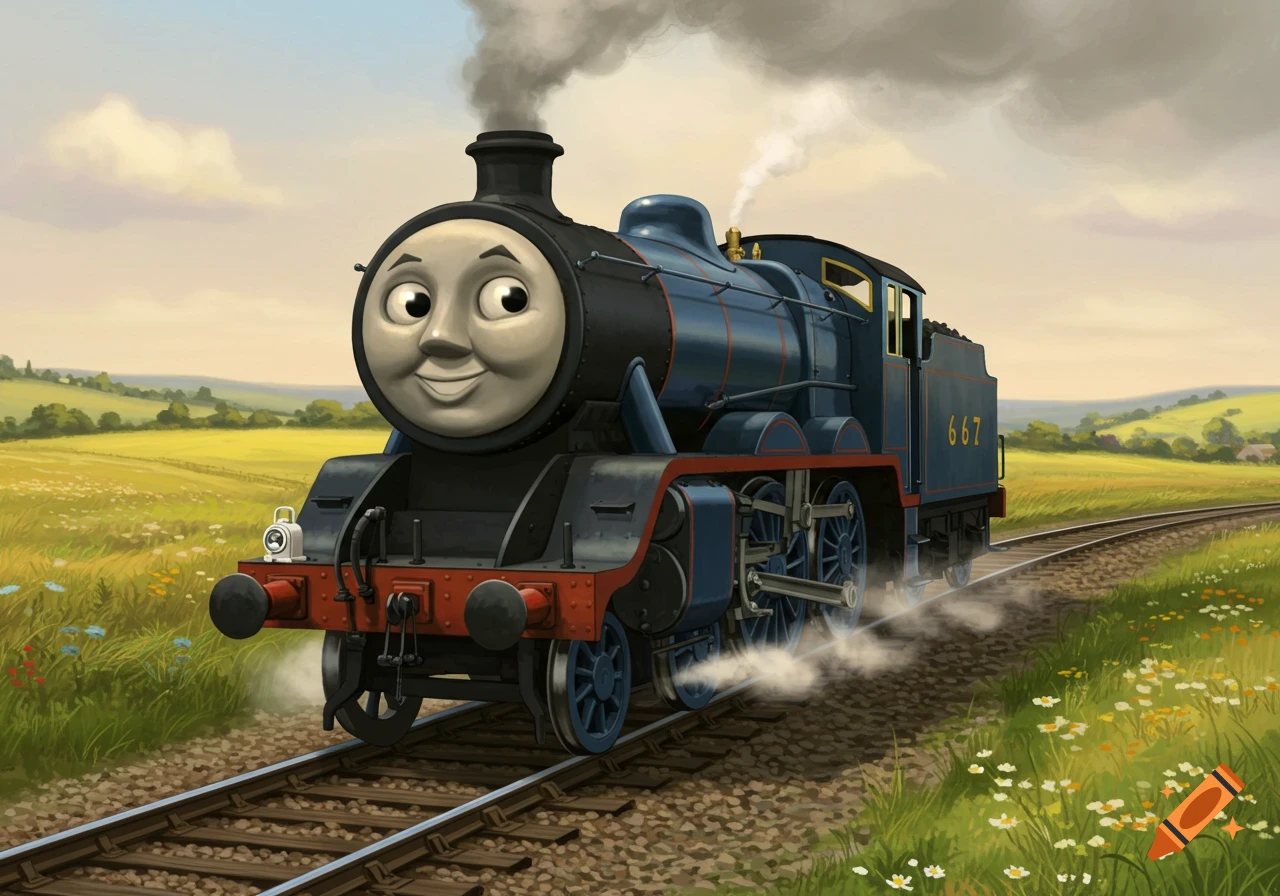 A friendly blue steam engine with a smiling face chugs along train tracks through a vibrant green field with rolling hills under a soft sky.