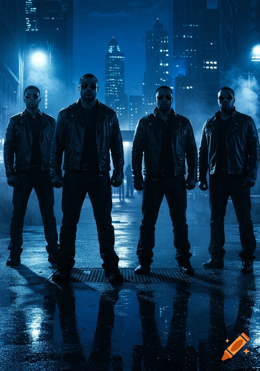 Four men in leather jackets and sunglasses stand on a wet city street at night, with a blue-lit cityscape in the background.