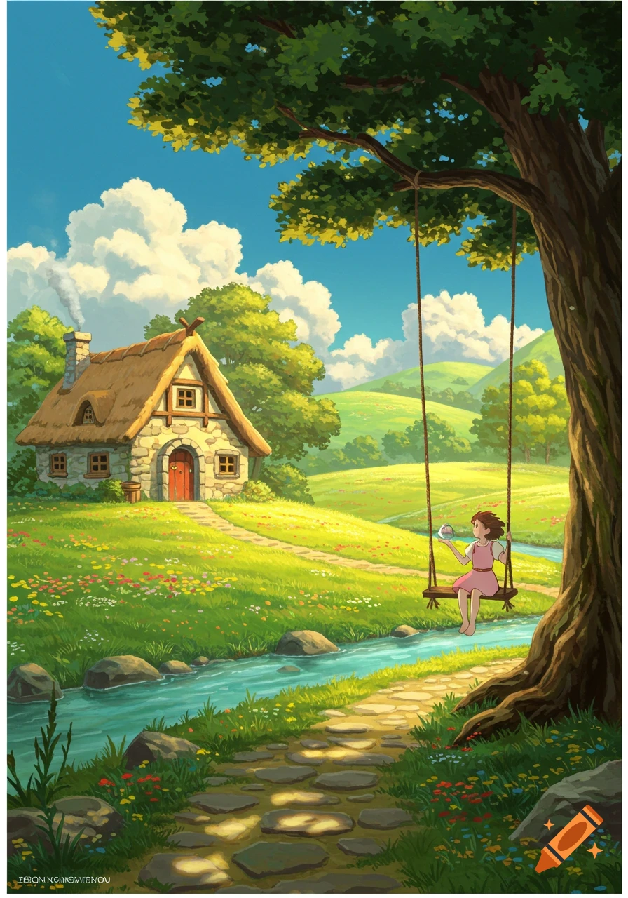 Ghibli-style anime landscape with a girl swinging near a thatched cottage, a winding river, and vibrant green hills.