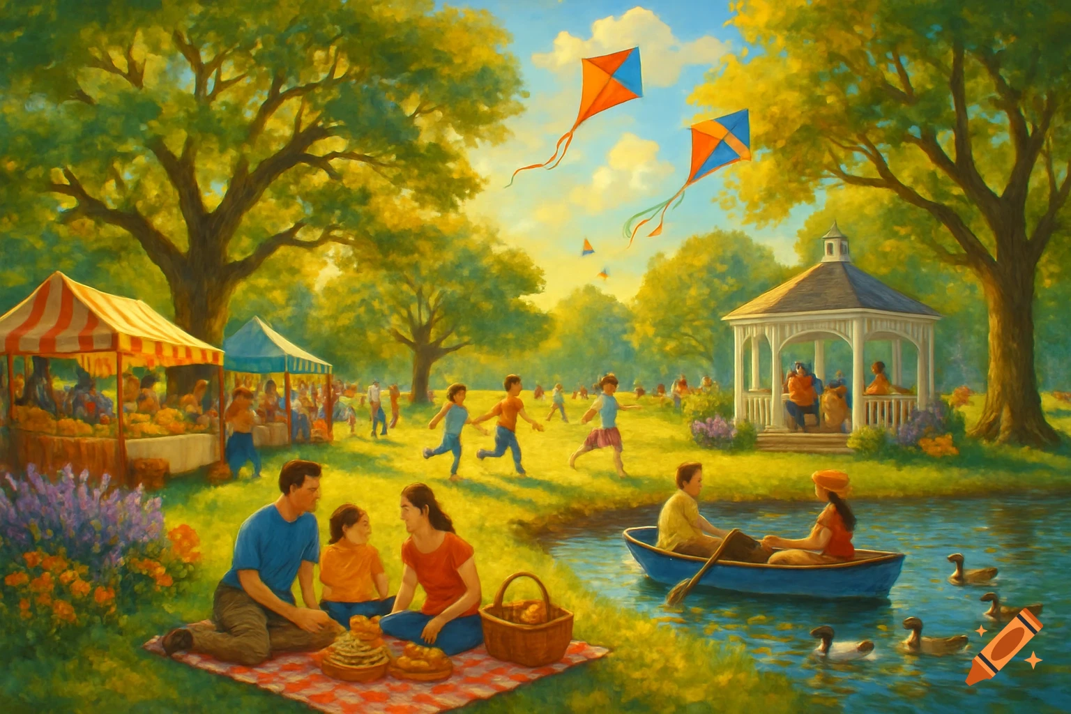 A vibrant painting of a bustling park with families picnicking, children playing, kites flying, and people boating on a sunny day.