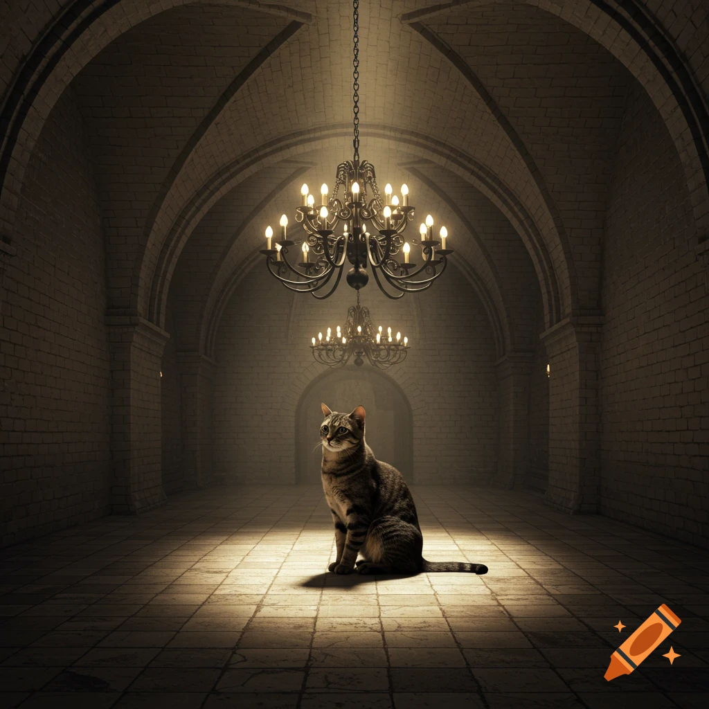 Photorealistic tabby cat sits in a spotlight under ornate chandeliers in a stone medieval antechamber.