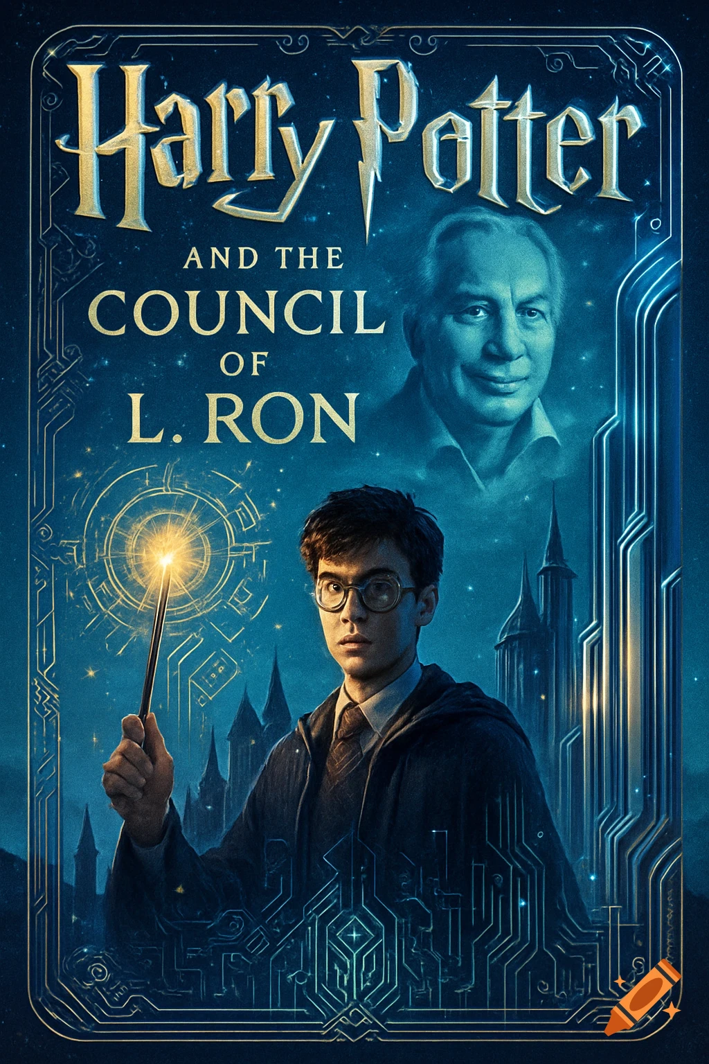 Book cover titled 'Harry Potter and the Council of L. Ron' with Harry Potter holding a wand, an older man, and circuit patterns.