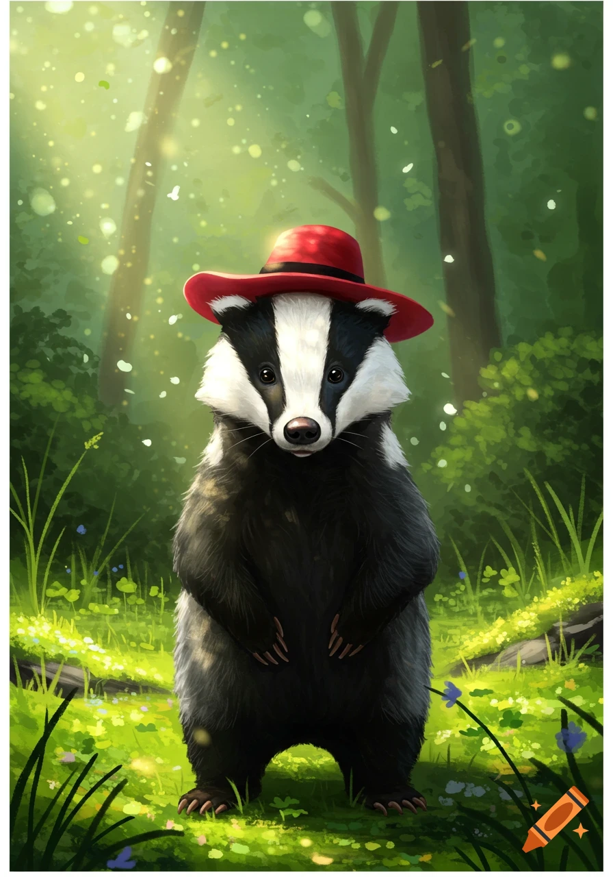 A stylized illustration of a badger standing in a magical forest, wearing a red hat, with sunlight and glowing particles.