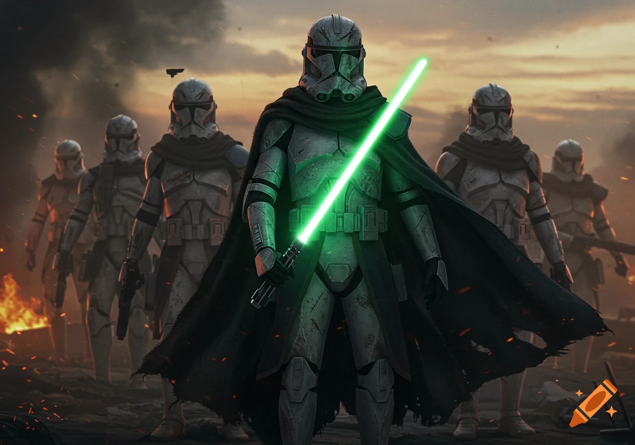 A cloaked Clone Trooper with a green lightsaber stands with other troopers in a war-torn landscape at sunset.