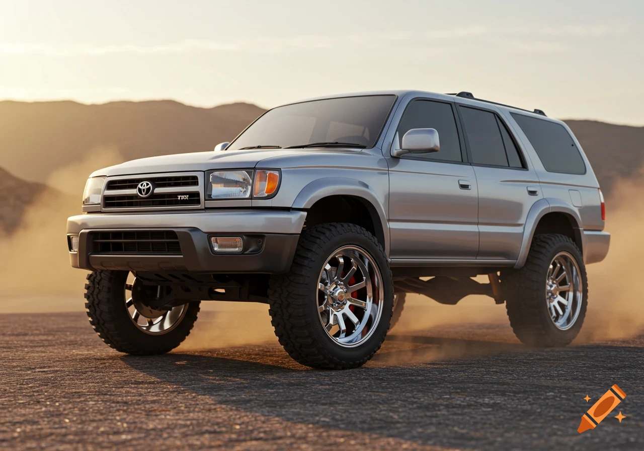 Photorealistic image of a silver 3rd gen Toyota 4Runner with chrome wheels and lifted suspension, on a dirt road at sunset with mountains in the background.