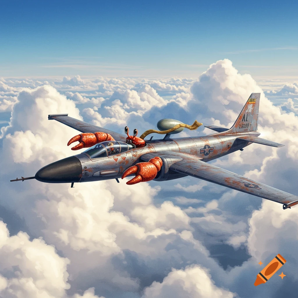 A whimsical cartoon crab with large claws pilots a rusted U-2 spy plane high above fluffy white clouds.