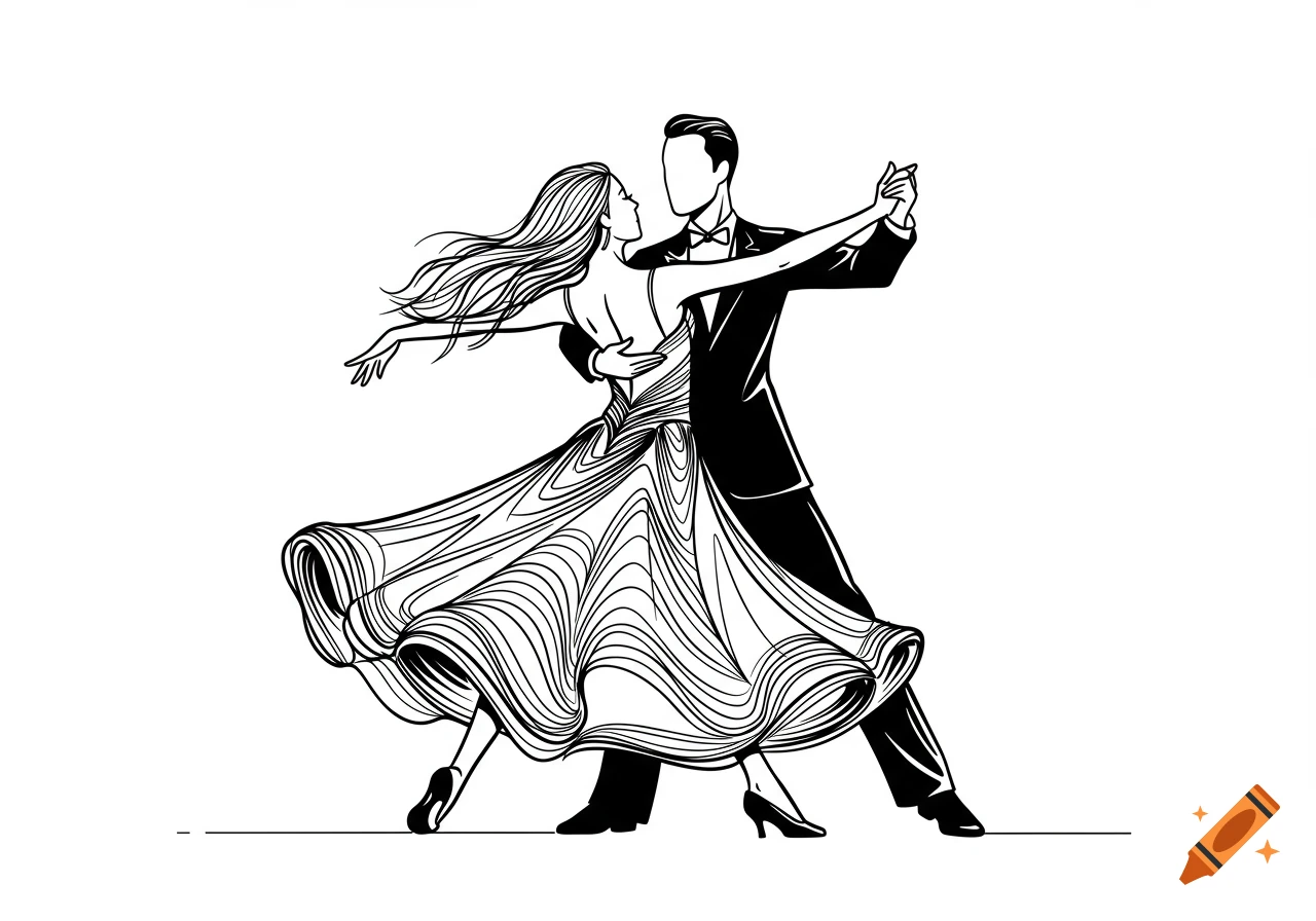 Black and white line art illustration of a man and woman ballroom dancing.