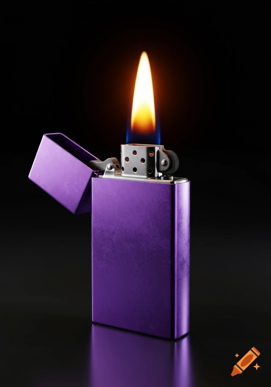 A photorealistic purple Zippo-style lighter with its lid open and a flame burning against a dark background.