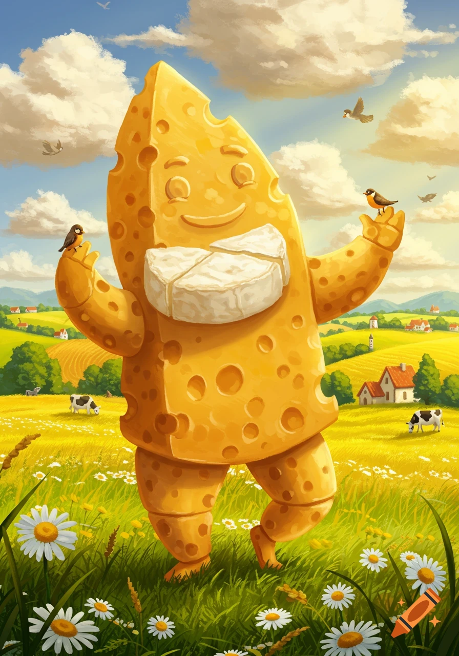 A vibrant illustration of a happy, personified cheese standing in a sunny, flowery field with birds, cows, and houses.