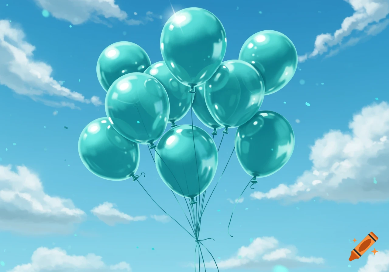 A cluster of shiny teal balloons floats upwards against a bright blue sky with scattered white clouds and tiny blue confetti.
