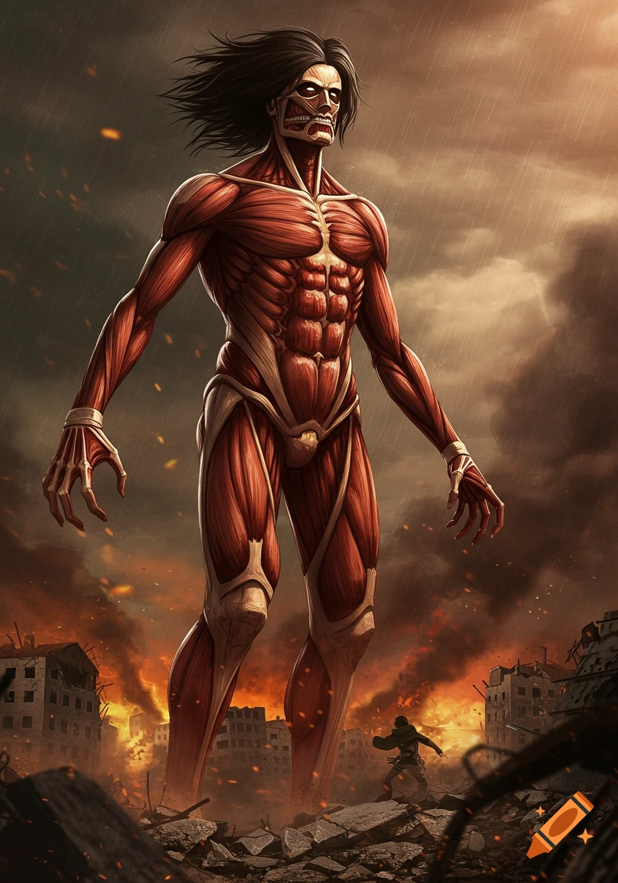 A towering, skinless humanoid giant with dark hair stands over a devastated city under a stormy sky, a lone soldier visible below.