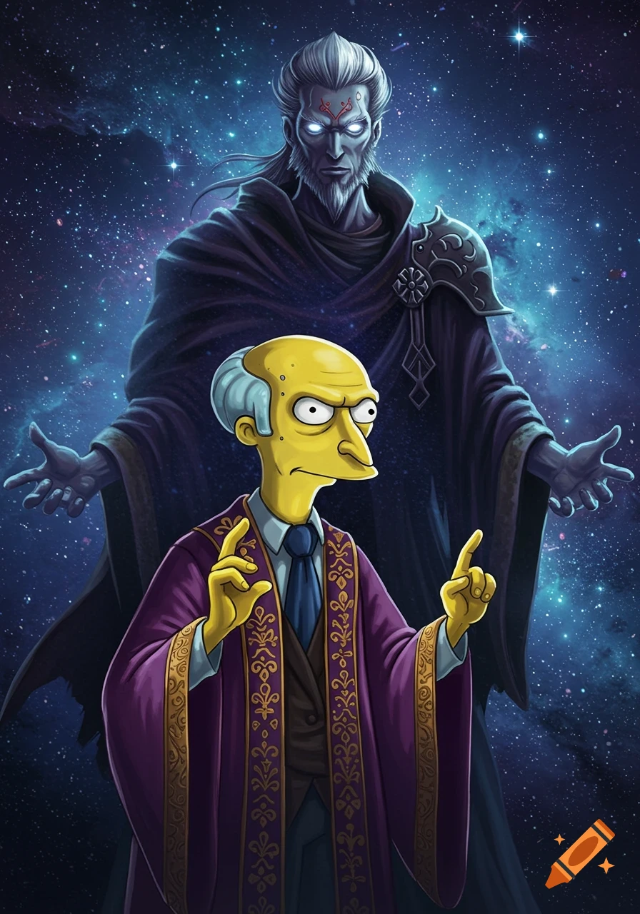 Mr. Burns in a purple robe stands before the dark, glowing-eyed Zemus against a starry cosmic background in a stylized illustration.