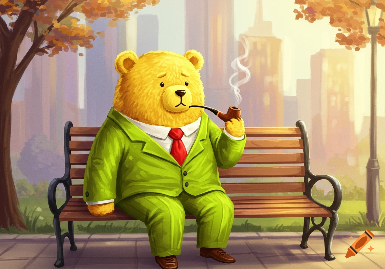 A cartoon yellow bear in a green suit and red tie sits on a park bench, smoking a pipe, with autumn trees and city buildings in the background.