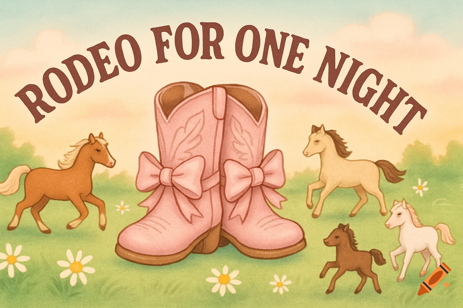 A cartoon illustration of pink cowgirl boots with bows, surrounded by four horses and daisies, with "RODEO FOR ONE NIGHT" text.