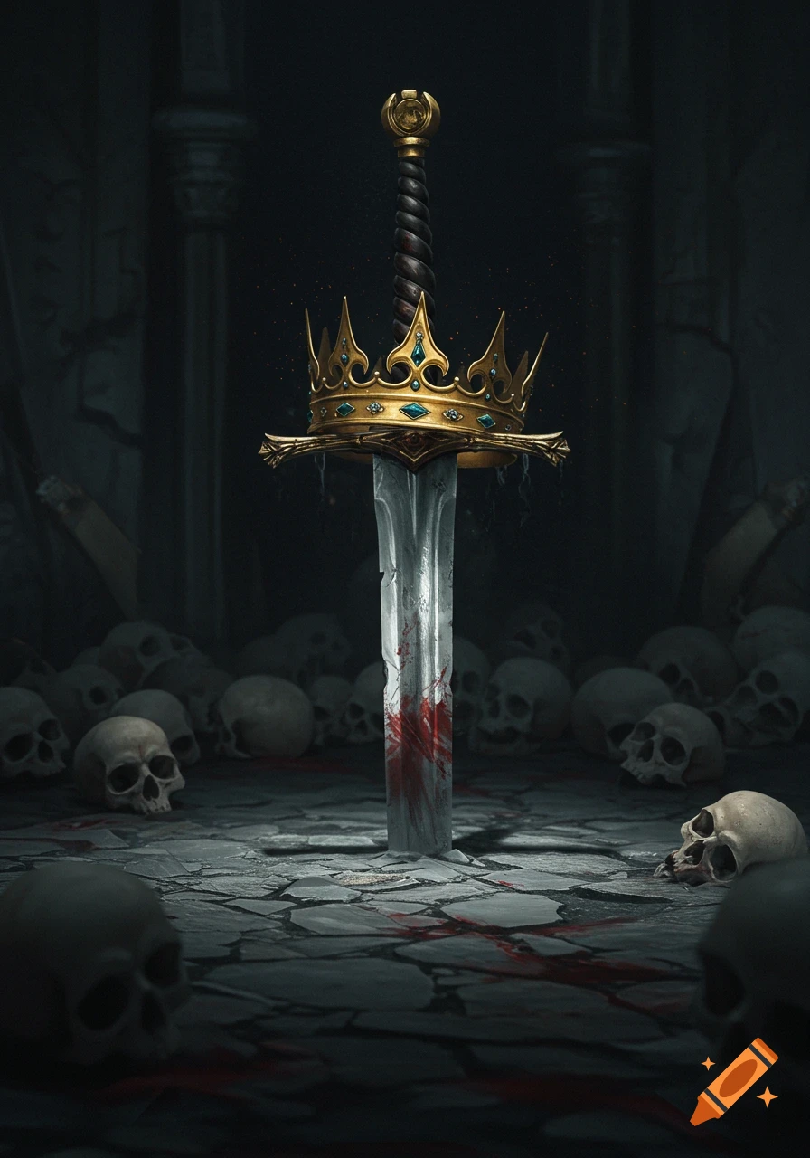 A golden crown rests on a blood-stained sword stuck in a stone floor, surrounded by piles of human skulls in a dark setting.