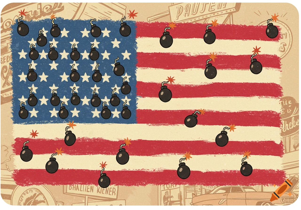 A distressed, vintage-style American flag with cartoon bombs replacing stars and stripes, set against a faded background with a classic car.