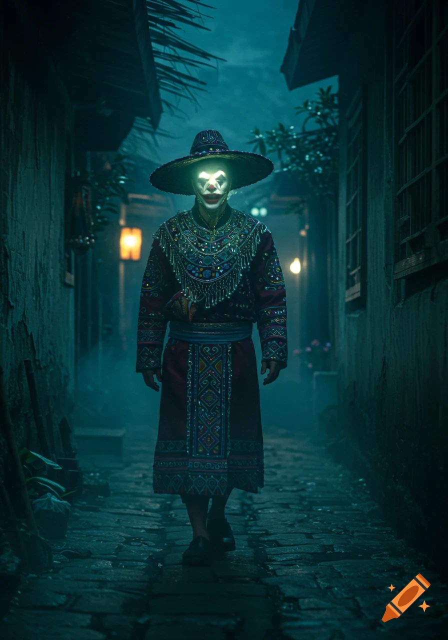 A person dressed as the Joker wearing elaborate, colorful Hmong clothing and a wide-brimmed hat walks in a dark, misty village alley at night, photorealistic style.