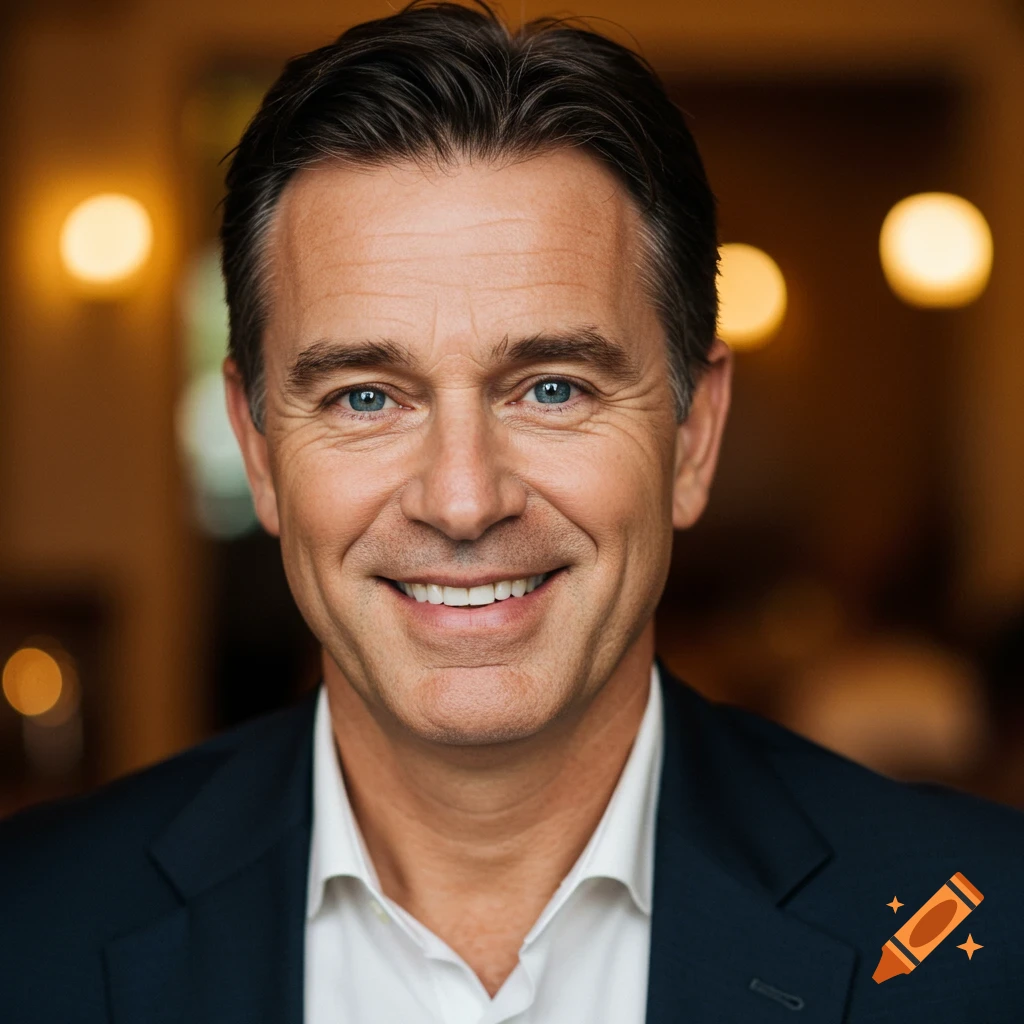 A photorealistic close-up portrait of a smiling man in his 40s with dark hair and blue eyes, wearing a suit.
