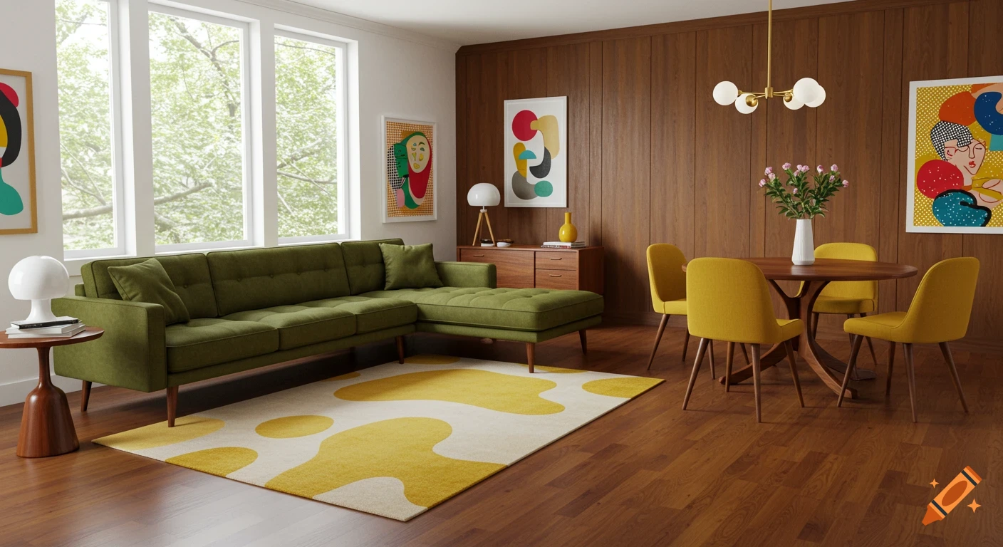 A mid-century modern living/dining room with a green L-shaped sofa, a yellow patterned rug, and a round dining table with yellow chairs.