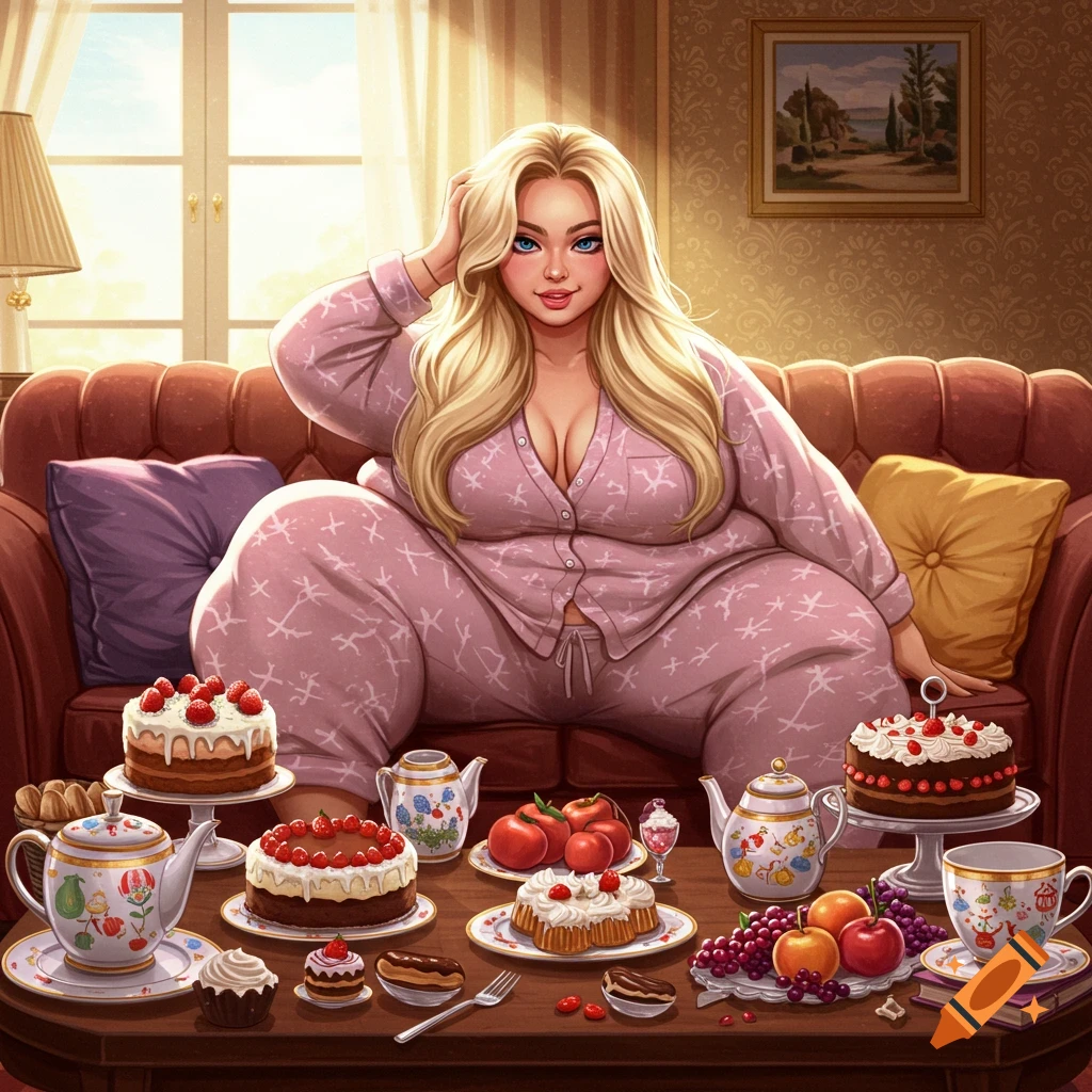 A large blonde woman in pink pajamas sits on a couch, surrounded by cakes and desserts on a coffee table, in a cozy living room.