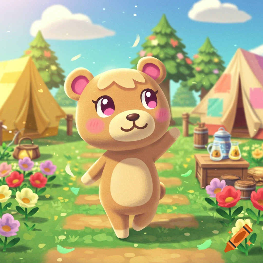 A cute, tan Animal Crossing bear villager with pink eyes waves in a colorful campsite surrounded by tents and flowers.
