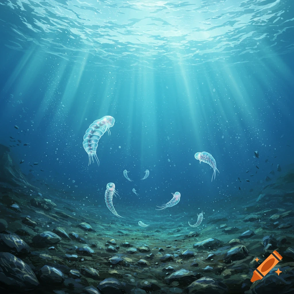 Sunlight filters through deep blue ocean waters, illuminating several translucent, bioluminescent creatures above a rocky seabed.