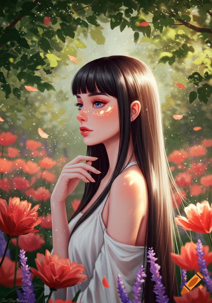 Digital painting of a woman with long black hair and blue eyes, in a field of red and purple flowers.