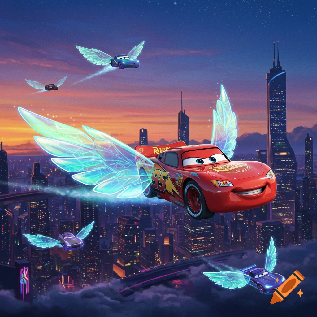 Lightning McQueen and other animated cars with glowing, iridescent wings flying over a futuristic city at dusk.