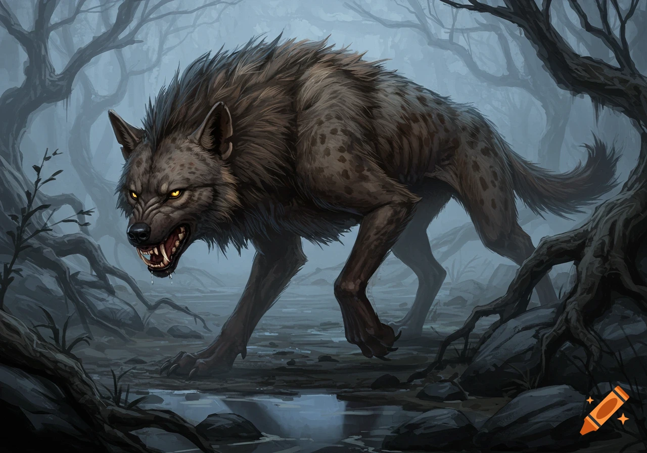 A snarling, wolf-like hyena beast with glowing yellow eyes and sharp fangs emerges from a misty, dark forest.
