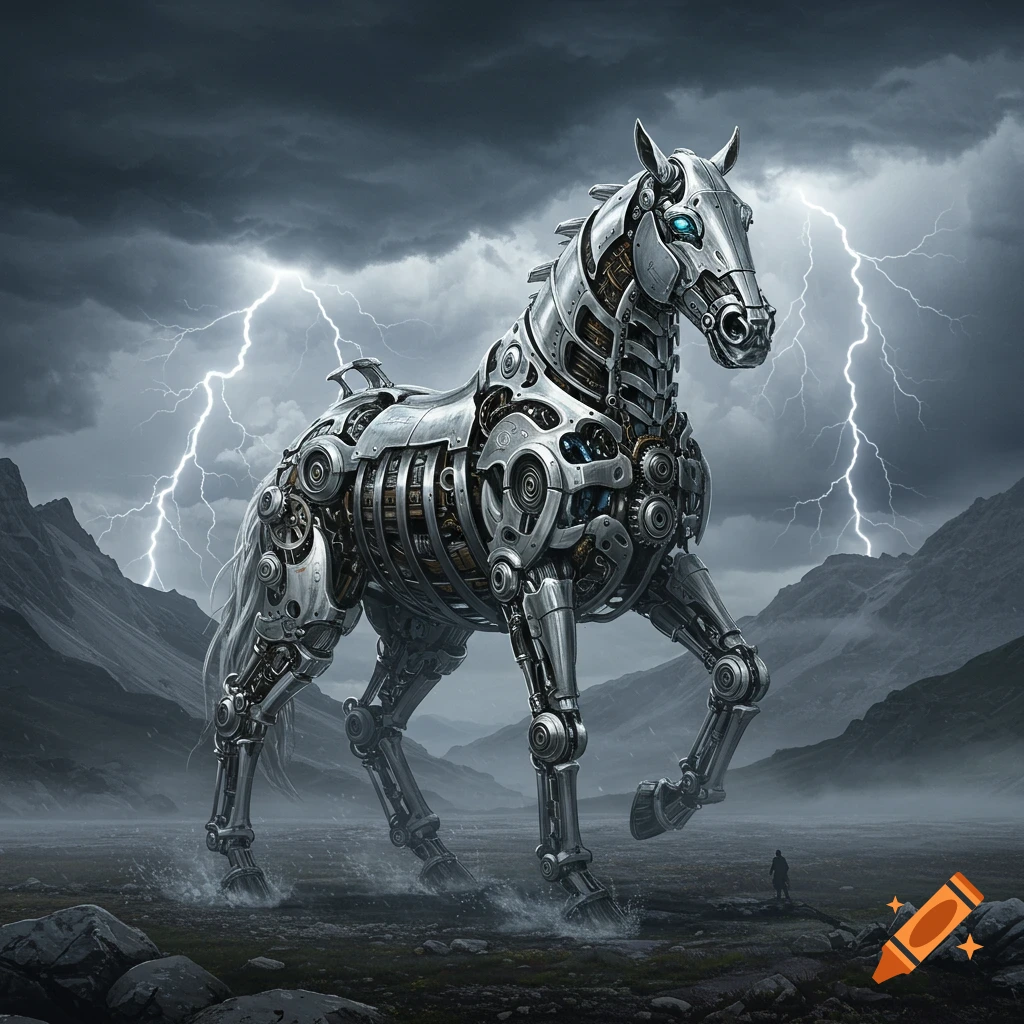 A detailed robotic horse stands in a stormy, mountainous landscape with lightning in the sky and a small figure in the distance.