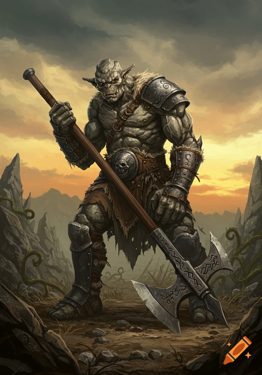 A muscular, grey-skinned troll or orc with glowing eyes and tusks, wearing armor and holding a large double-bladed axe, stands in a desolate rocky landscape under a stormy sky.