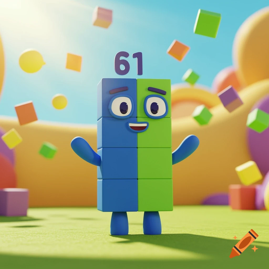 A blue and green block character with number 61 above its head, surrounded by colorful floating blocks in a bright outdoor setting.