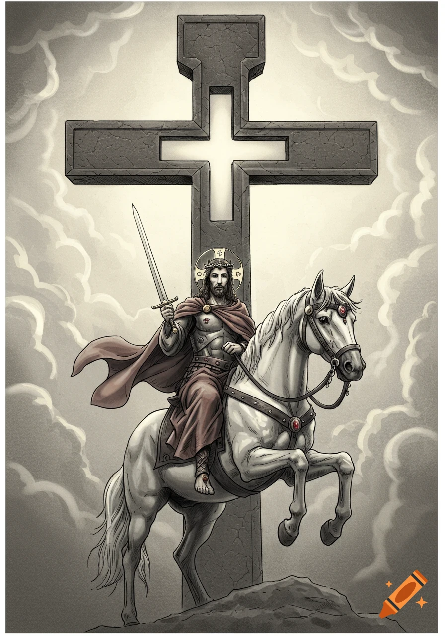 A warrior-like Jesus on a rearing white horse, holding a sword, in front of a large stone cross. Monochromatic illustration.